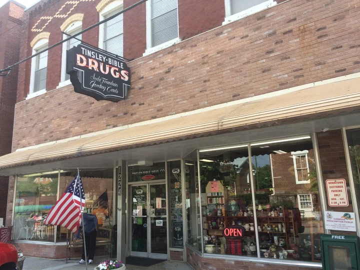Tinsley-Bible Drugs and Soda Fountain storefront in downtown Dandridge