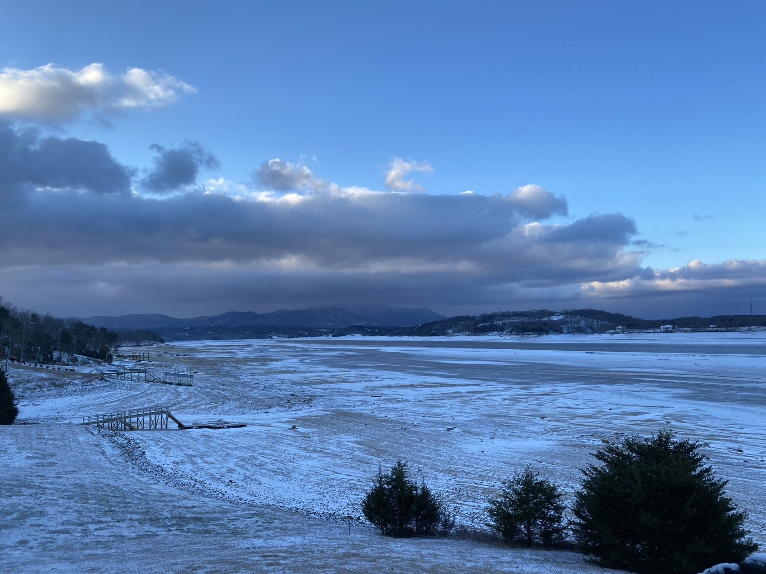 A snowy winter view of Douglas Lake